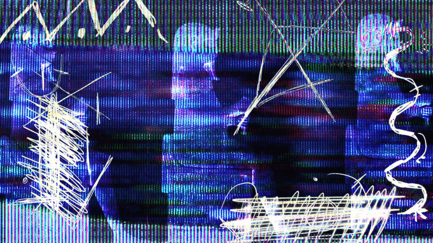 scribbles and egyptian hieroglyphs with vhs and crt effects, designed for video editors.