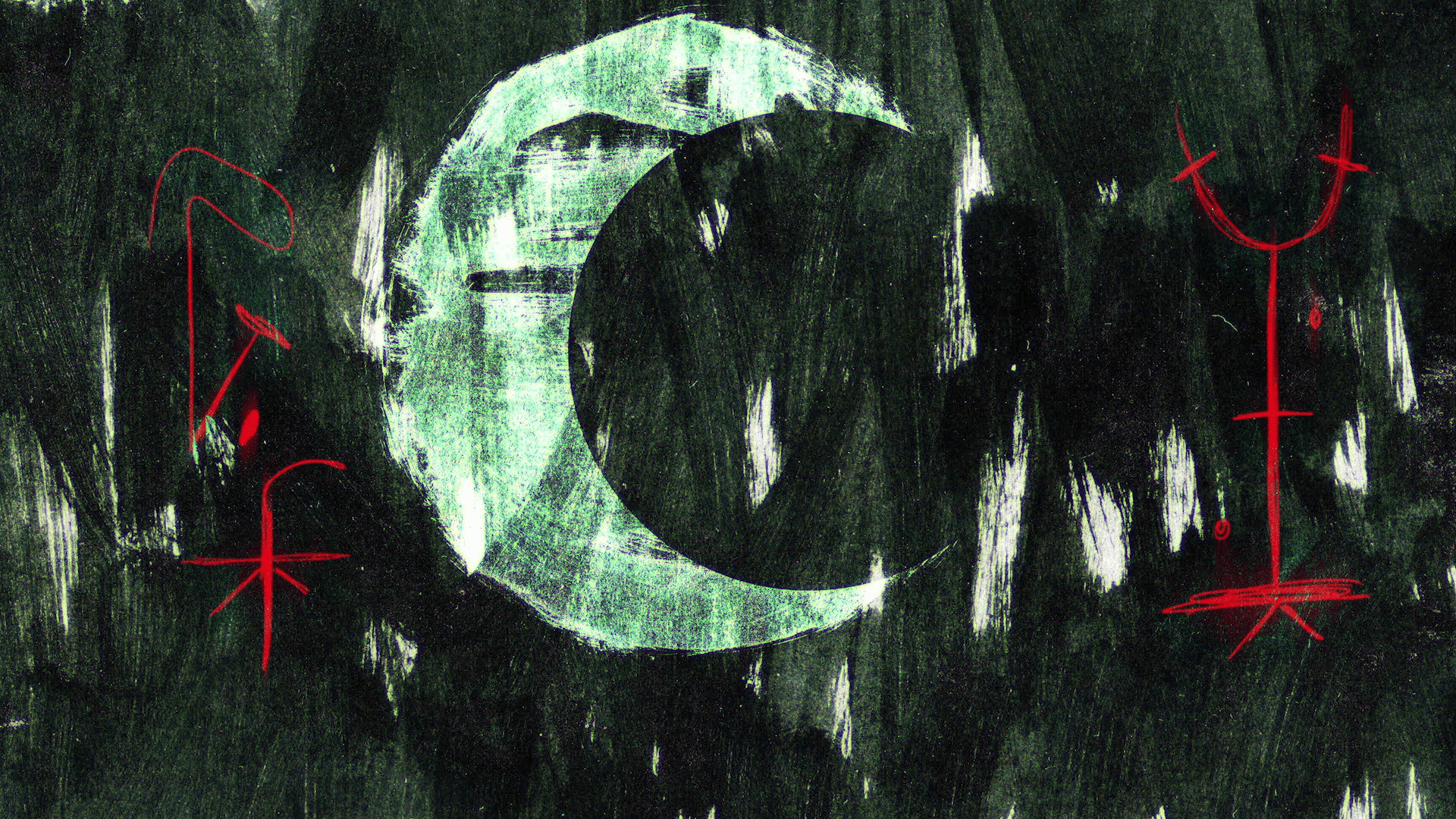 grunge painting of a moon with red rune symbols, designed for video editing.